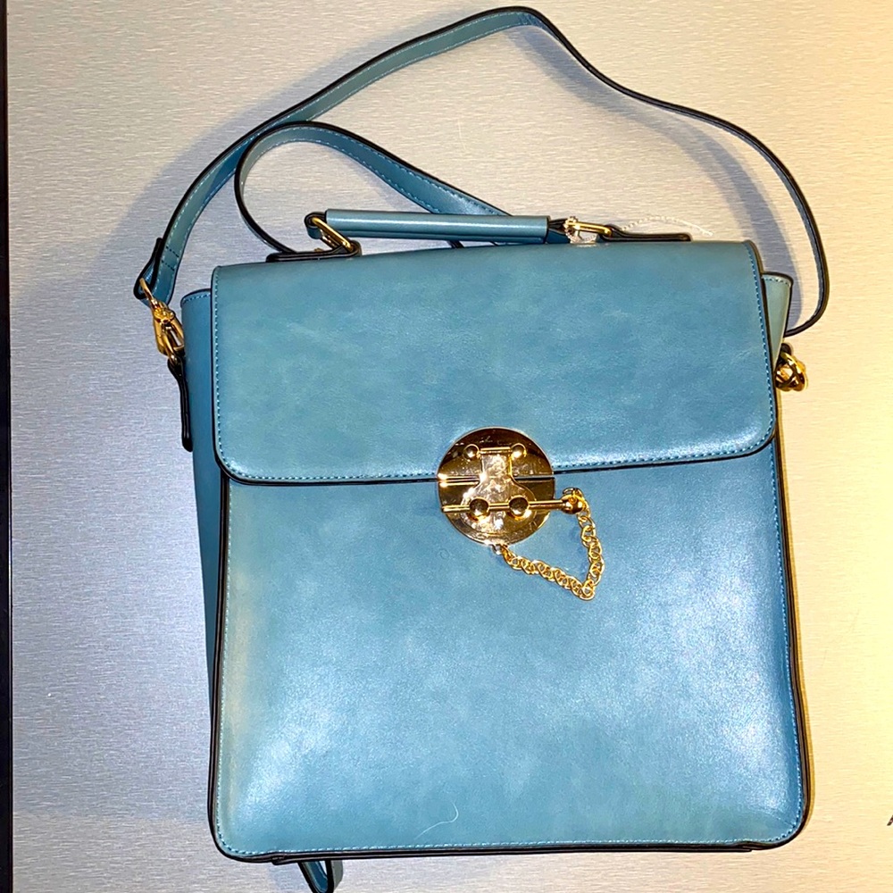 Teal Faux Leather Top-Handle Backpack with Gold Chain Lock